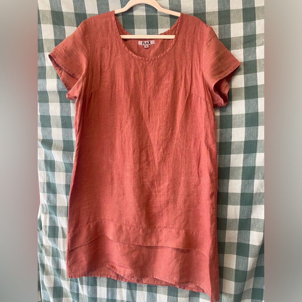Rust Orange Linen Blend Cap Sleeves Shift Dress Boho Artisan Made in Nepal Med